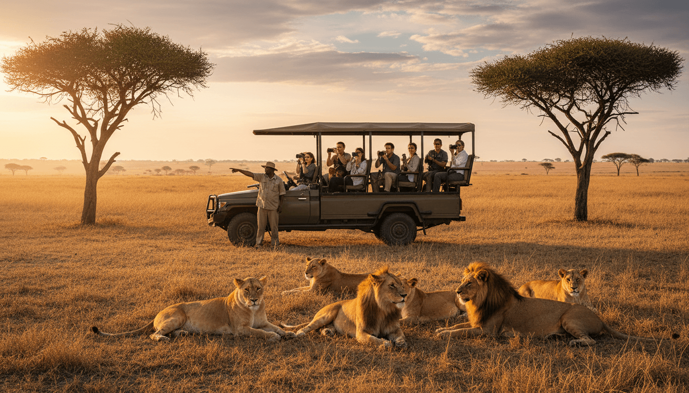 Safari game drive with tourists observing lions on African savanna during golden hour, professional guide pointing out wildlife Safari game drive with tourists observing lions on African savanna during golden hour, professional guide pointing out wildlife